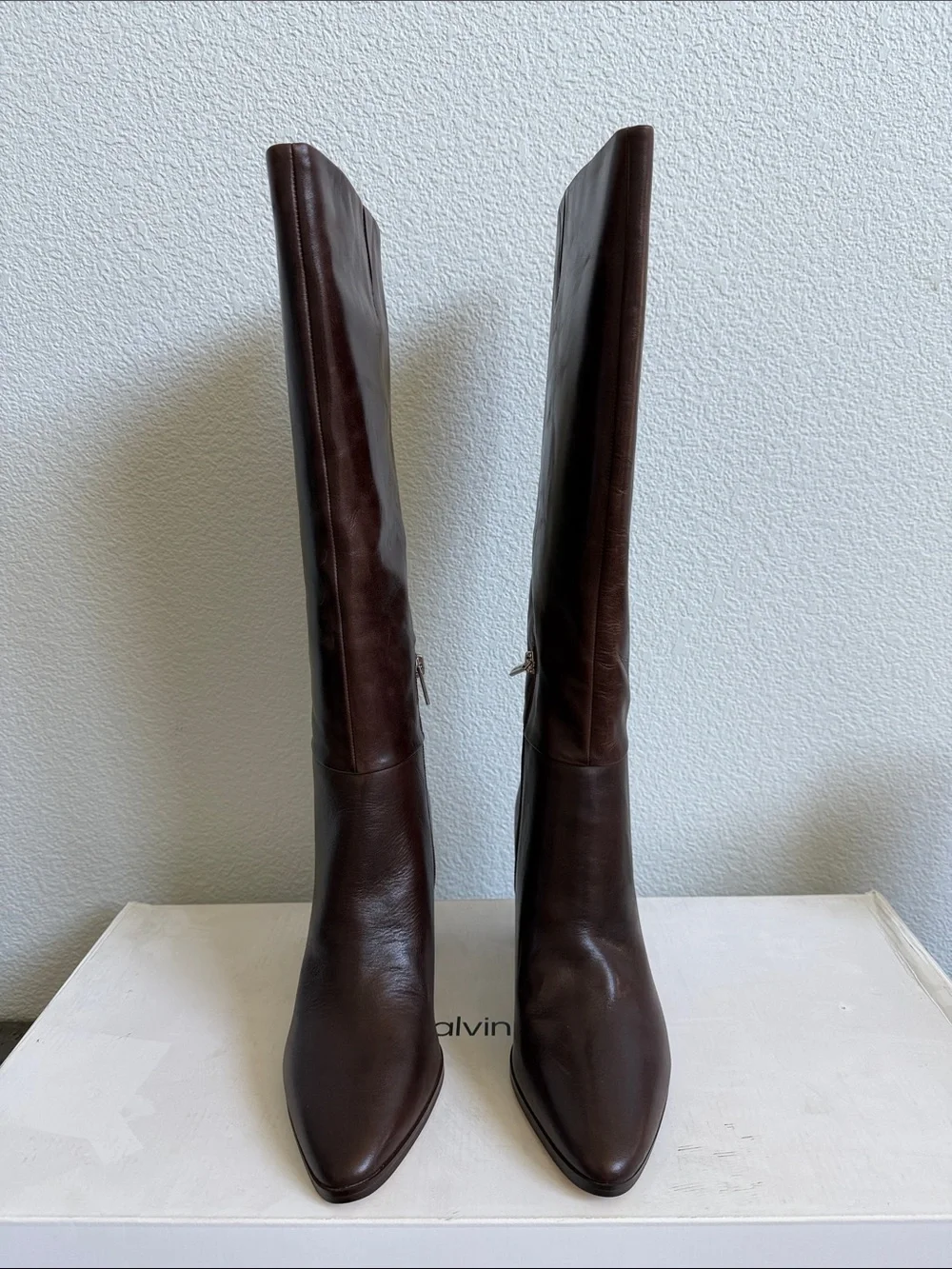 Calvin Klein Dawna Dark Brown Leather Over-the-Knee Boots NIB